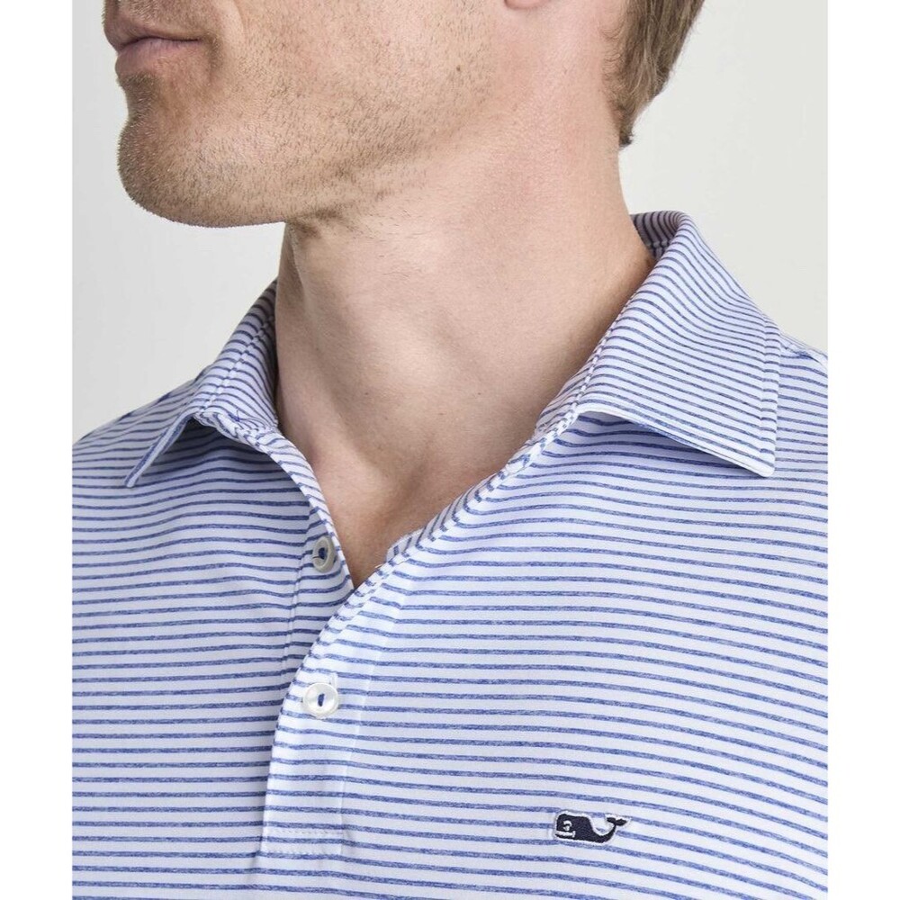 Vineyard Vines Men’s Polo Shirt XXL Blue White Stripe Performance Stretch Whale
